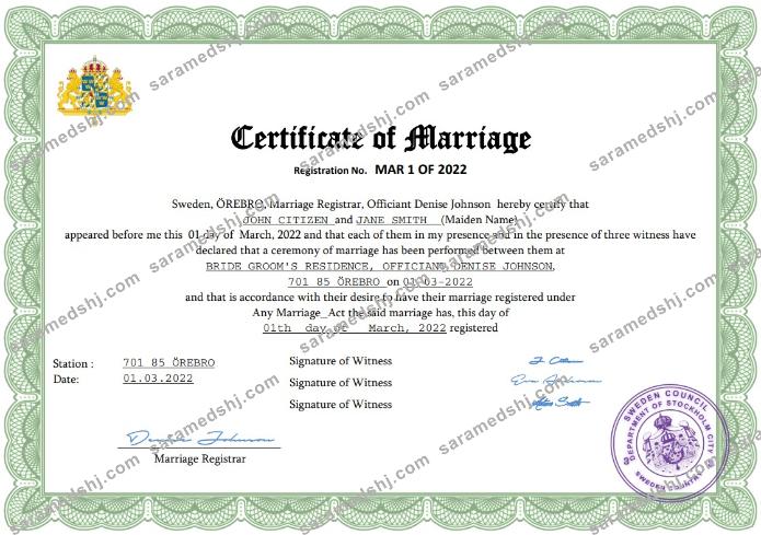 Sweden marriage certificate Word and PDF template